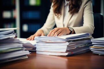 Boosting Productivity: Businesswoman Manages Paper Files and Business Reports in Office. Swamped with office paperwork. Generative AI