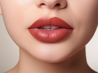 Fototapeta premium Perfect young female lips with makeup. Macro photo with beautiful female mouth on a light background. Plump full lips. Close-up face detail. Perfect clean skin. Spa banner.