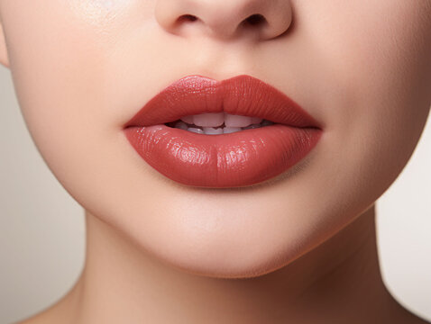Perfect young female lips with makeup.  Macro photo with beautiful female mouth on a light background. Plump full lips. Close-up face detail. Perfect clean skin. Spa banner.