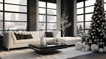 A modern and chic living room with a black and white Christmas theme, featuring a sleek tree with...