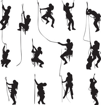 People man woman rock climbing silhouette. Climbing on rock with rope