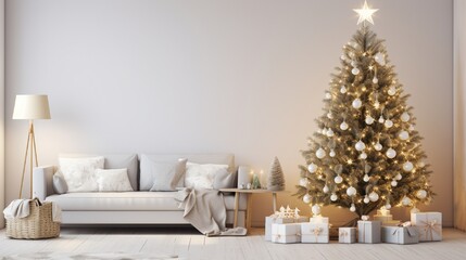 A modern Scandinavian living room with a minimalist Christmas tree adorned with simple white lights and ornaments. - obrazy, fototapety, plakaty