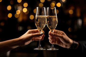 Christmas or New Year's toast. A couple with champagne glasses toasting on a background with lights and bokeh effect with copy space.