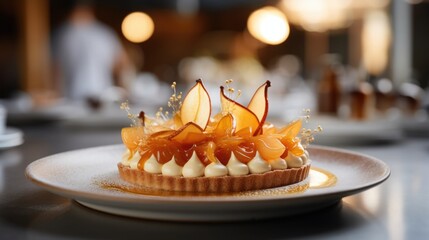 incredibly beautiful and delicious tart with caramelized pear, thin pear slices shine through in the backlight from the window - obrazy, fototapety, plakaty