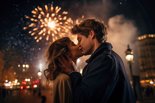 Young couple kiss on the street under the light of new year fireworks. Happy new year's kiss.
