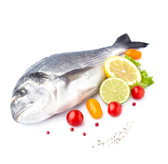 Dorado fish on the white background   with pepper, lemon, lime, tomatoes  and salad. Top view. Uncoooked fish with spices.
