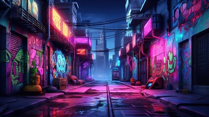 City alley with graffiti at night.  Street art