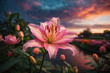 Fototapeta premium A Beautiful Lily Flower In A Garden, A Small River In The Background, Few Birds, And The Sky Looks Stunning With Colorful Clouds. 