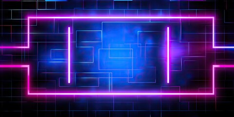 Electric dreams. Futuristic neon portal in blue and pink. Cyber club. Glowing abstract design for high tech parties. Retro futurism. Vibrant shapes in darkened space