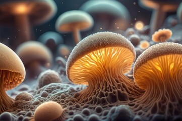 Virus cells or bacterias or fungus under electronic microscope. Germs microbe microorganism close-up. Medical, diseases Concept background. Aliens fungus