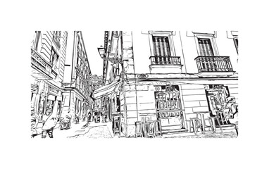 Building view with landmark of San Sebastian is the city in Spain. Hand drawn sketch illustration in vector.