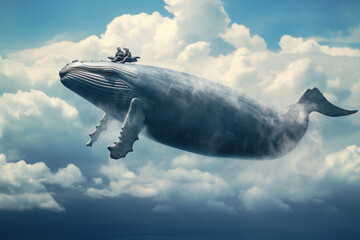 whale flying above the clouds - obrazy, fototapety, plakaty