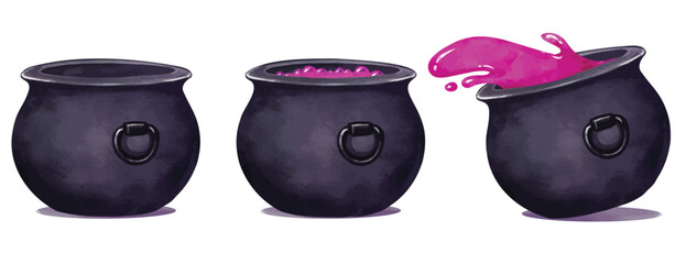Halloween witch cauldron watercolor vector. witch's brew in a black cauldron illustration. witchcraft preparation