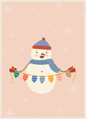 cute retro snowman on pink background