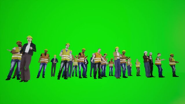 3D animation of engineers protesting in front of the police station in a standing position in London City chroma key green screen