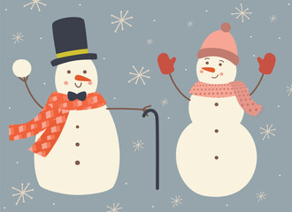 two cute and bright and funny snowmen