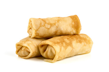 Pancake rolls stuffed with ground meat, isolated on white background. High resolution image.