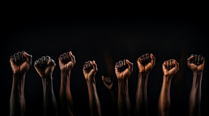A shortened shot of hands raised with closed fists. Several hands raised up with closed fist...
