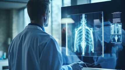 A medical worker in a hospital is examining x-rays, viewing a tomography image. Health care concept