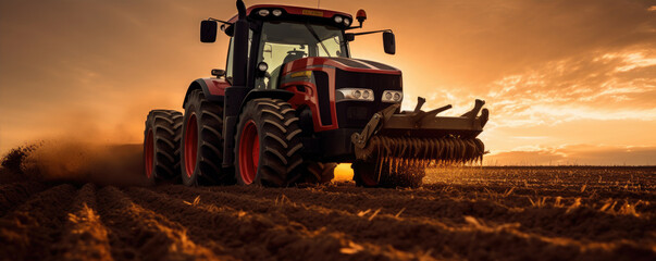 Red tractor on the field with amazing background - obrazy, fototapety, plakaty