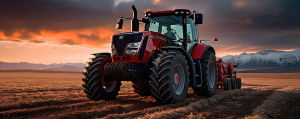 Red tractor on the field with amazing background - obrazy, fototapety, plakaty