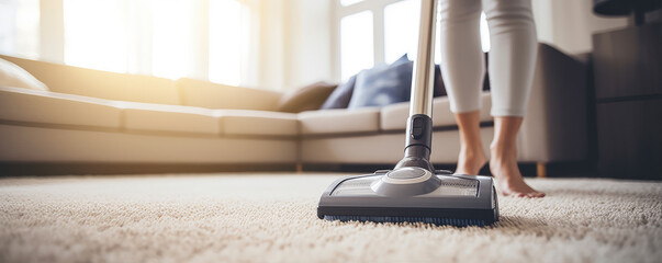 close up photo of woman vacuuming carpet in the living room