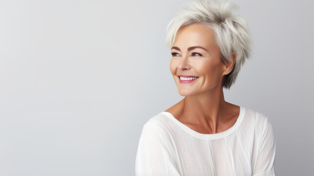 Elegant middle aged stylish mature woman in white casuals looking away and smiling