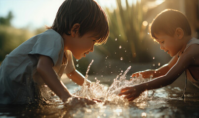 happy kids having fun with water, splash water - obrazy, fototapety, plakaty