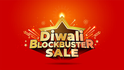 Diwali, Deepawali or Deepavali, Indian traditional festival of lights. Golden diya oil lamp lantern with 3d Text Diwali blockbuster Sale, offer, logo, and red Background.