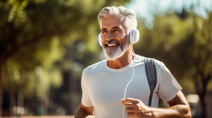 Close up Portrait of an elderly man in sportswear running in a park while listening to music with headphones