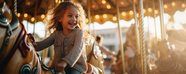 happy cute little girl having fun on a carousel in an amusement park - obrazy, fototapety, plakaty