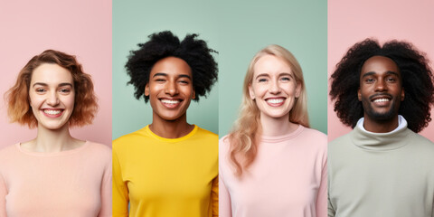 Portraits collage of happy multiethnic people smiling and looking at camera on color background - Powered by Adobe