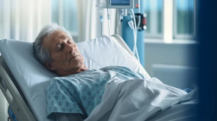 Fotobehang Sick male patient in hospital bed recovering from illness while lying on hospital bed with iv drip in hand © standret