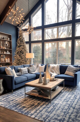 New Year's interior with a Christmas tree in a modern style. Generative AI.