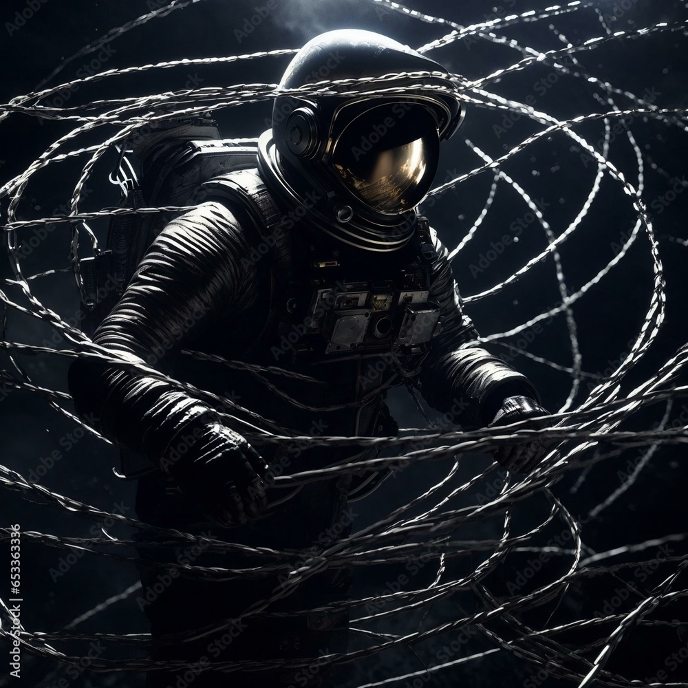 Wall mural astronaut in barbed wire trap generative ai