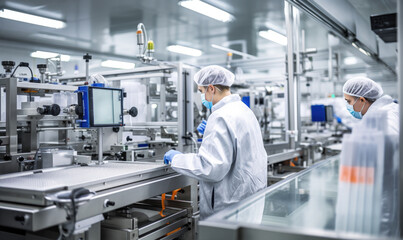 Production process in pharmaceutical factory with workers in laboratory coats, monitoring the production of medicine