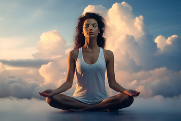 Fototapeta na wymiar Beautiful woman does yoga, meditates in the clouds. A beautiful image of meditation.