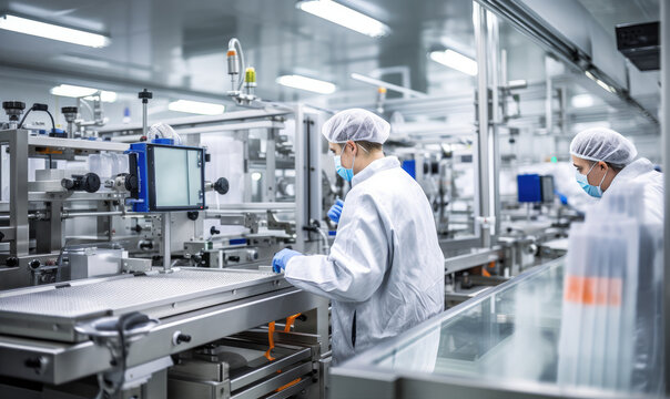 Production process in pharmaceutical factory with workers in laboratory coats, monitoring the production of medicine - Powered by Adobe
