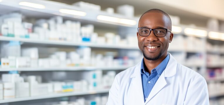 male pharmacist in smiling wearing white coat in chemist shop