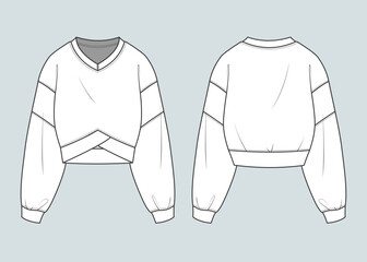 sweatshirt flat drawing technical sketch template. front and back sweatshirt outfit design vector illustration for a clothing brand. fashion CAD drawing mock up design for garment, apparel template.