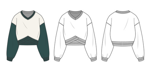 sweatshirt flat drawing technical sketch template. front and back sweatshirt outfit design vector illustration for a clothing brand. fashion CAD drawing mock up design for garment, apparel template.