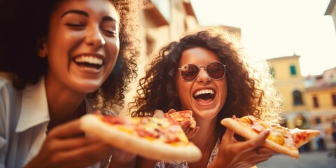 Three happy young women enjoy eating pizza and having fun on outdoor dinning area on ethnic street background, concept of traveling, holidays with best friends and lifestyle.