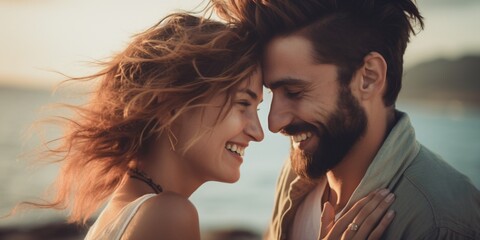 Fototapeta premium Joyful romantic young couple embracing and enjoying time together on the beach, concept of sweet relationship, dating, and healthy marriage.