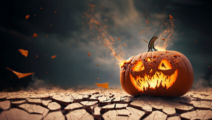 Fototapeta premium Płonąca straszna dynia, lampion. Generative AI