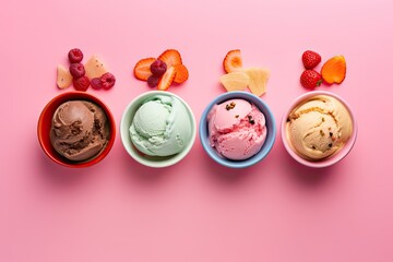 Colorful ice cream with different flavors in cups isolated on pink background