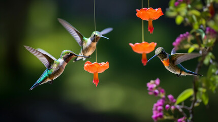 Hummingbirds in flight, multiple birds, nectar feeder, vibrant colors, blurred background