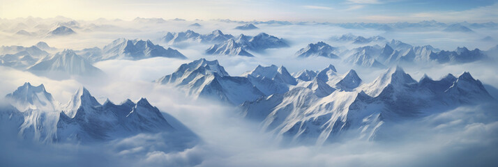 aerial view, jagged mountain range, pristine snow caps, piercing through a sea of clouds, dramatic lighting - Powered by Adobe