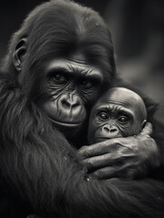 Intimate portrait of a gorilla mother cradling her baby, Congo rainforest, soft focus, emotional, black and white