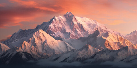 mountain range bathed in the soft glow of a setting sun, alpenglow on snow caps - Powered by Adobe