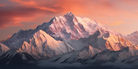 Keuken foto achterwand Zalmroze mountain range bathed in the soft glow of a setting sun, alpenglow on snow caps